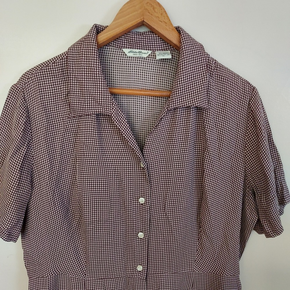 Eddie Bauer XL Burgundy Gingham Button Front Midi Shirt Dress Farm Cottage Retro - Picture 3 of 6